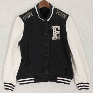 Ecko Unltd Letterman Jacket WOmens Medium Black White Bomber Chalk Line Retro